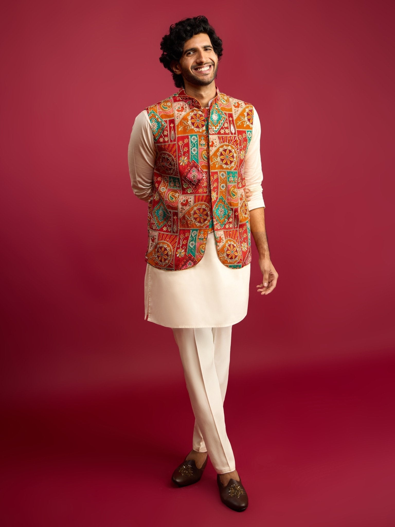 Men's Red Embroidered Nehru Jacket with Cream Kurta & Pant Set