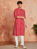 Men's Red Foil Bandhani Digital Print Rayon Kurta with Cream Viscose Pyjama