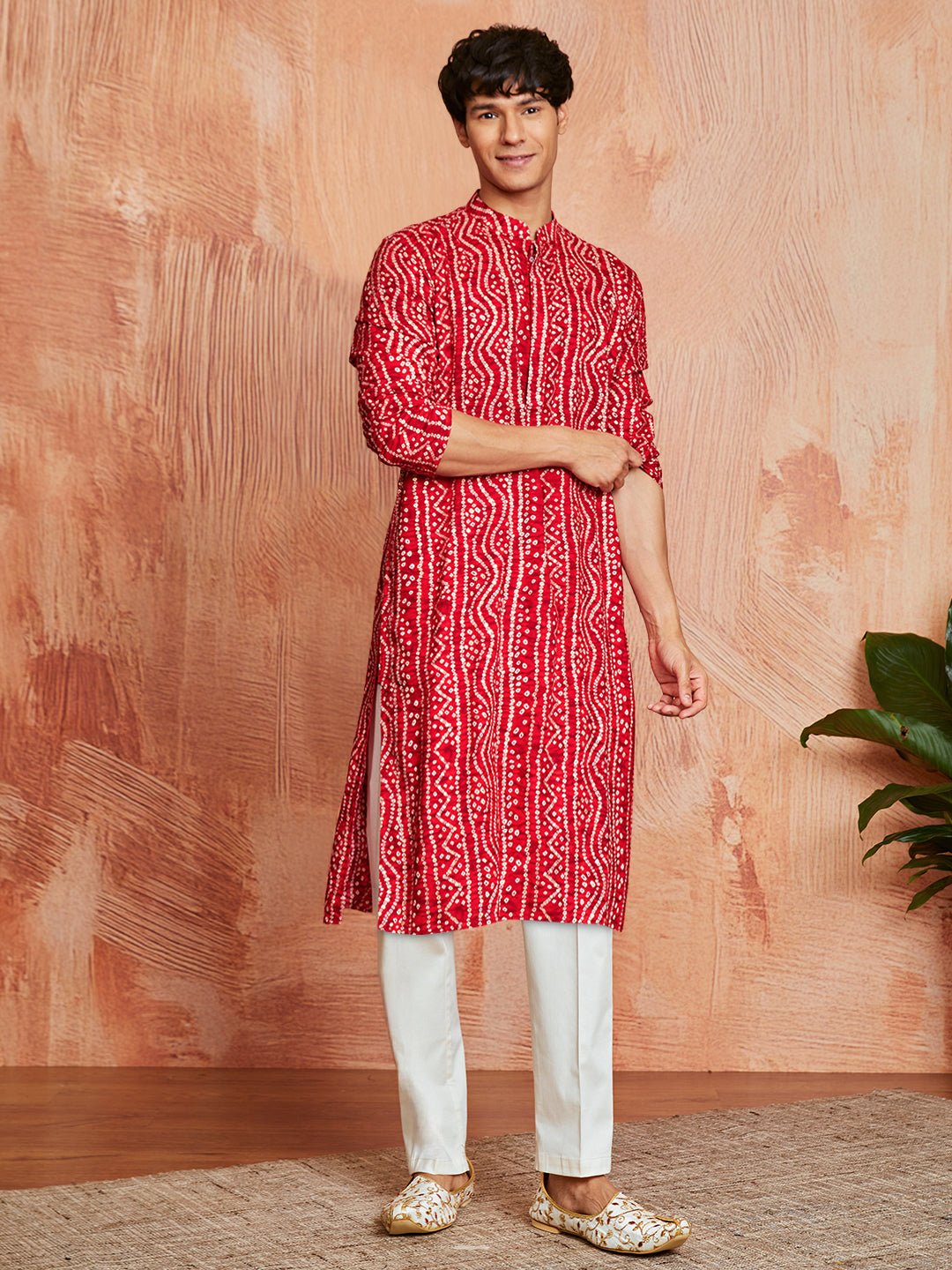 Men's Red Foil Bandhani Digital Print Rayon Kurta with Cream Viscose Pyjama