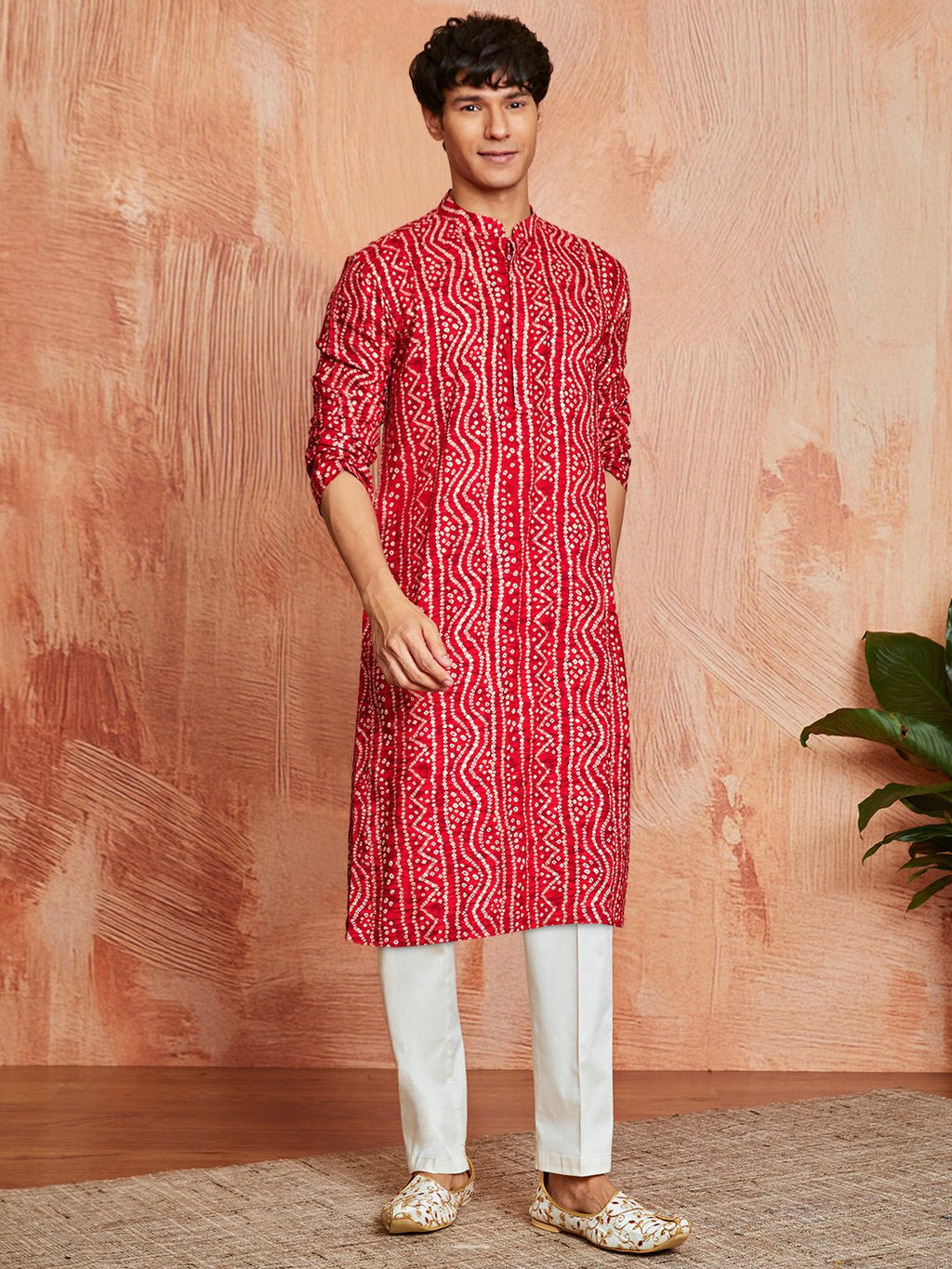 Men's Red Foil Bandhani Digital Print Rayon Kurta with Cream Viscose Pyjama