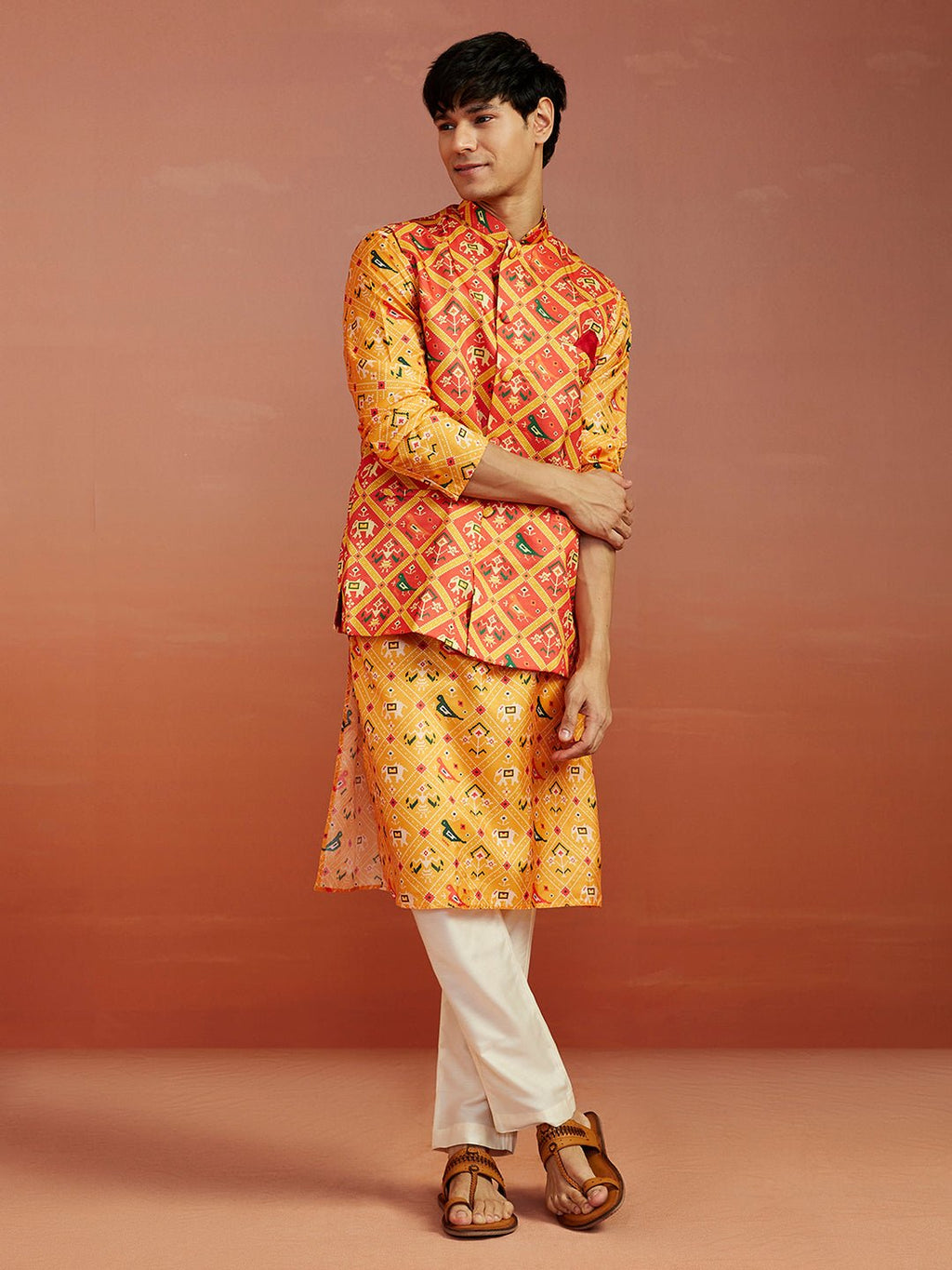 Men's Red Patola Print Nehru Jacket with Yellow Silk Kurta & Cream Pyjama