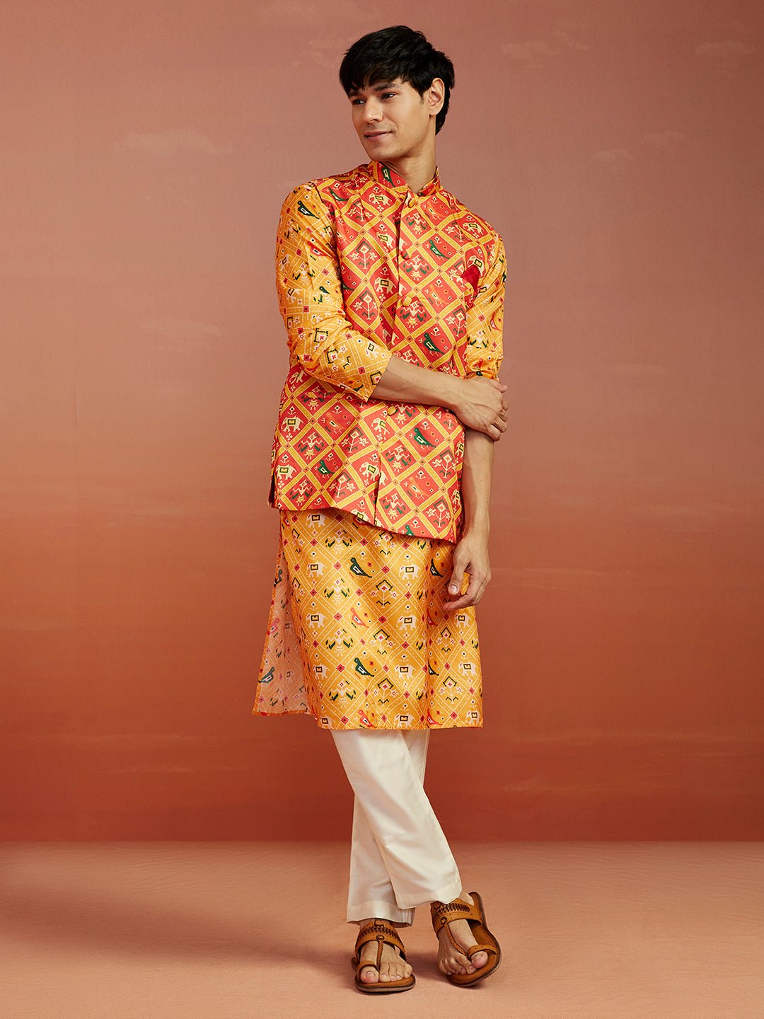 Men's Red Patola Print Nehru Jacket with Yellow Silk Kurta & Cream Pyjama