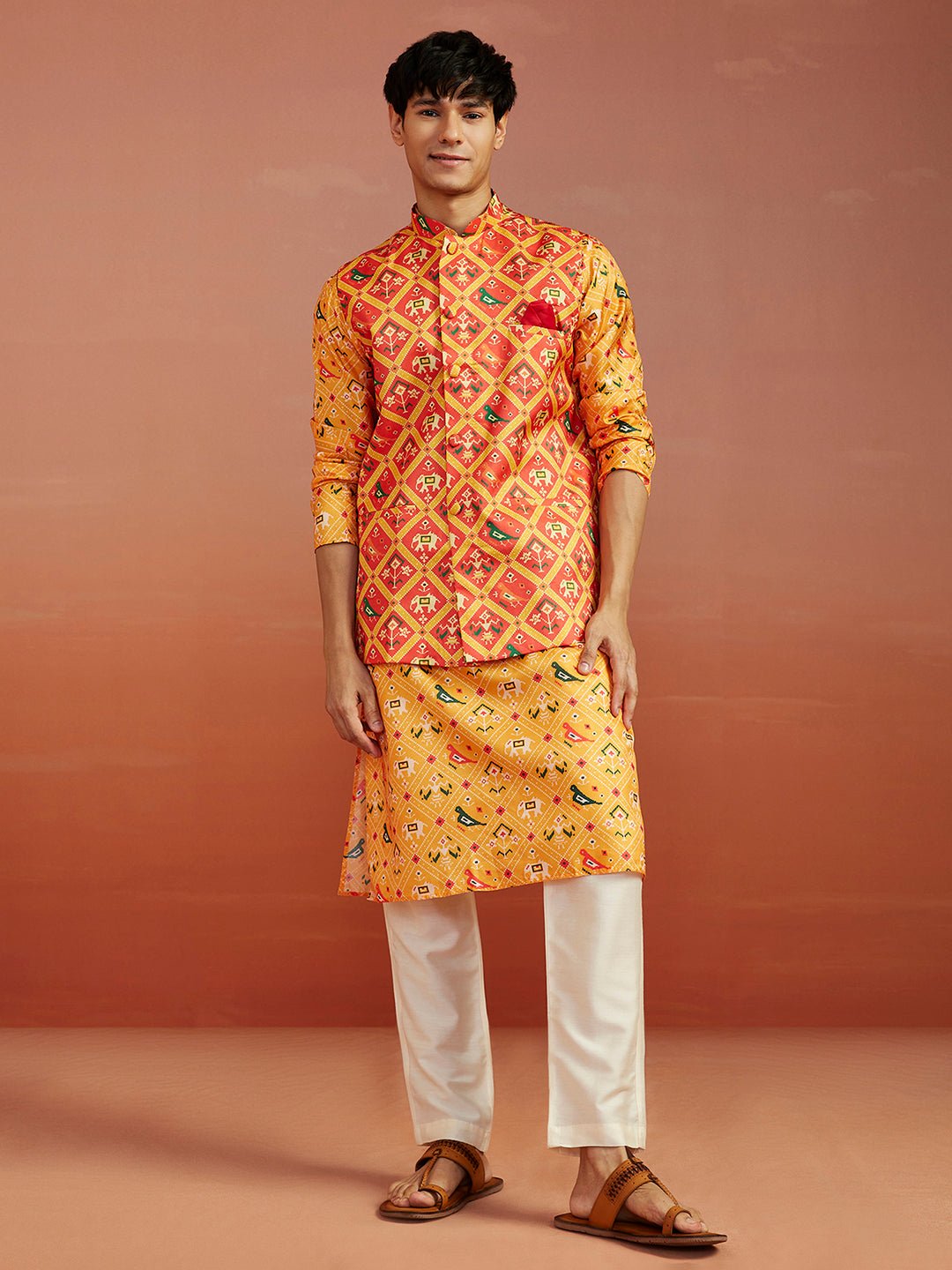 Men's Red Patola Print Nehru Jacket with Yellow Silk Kurta & Cream Pyjama