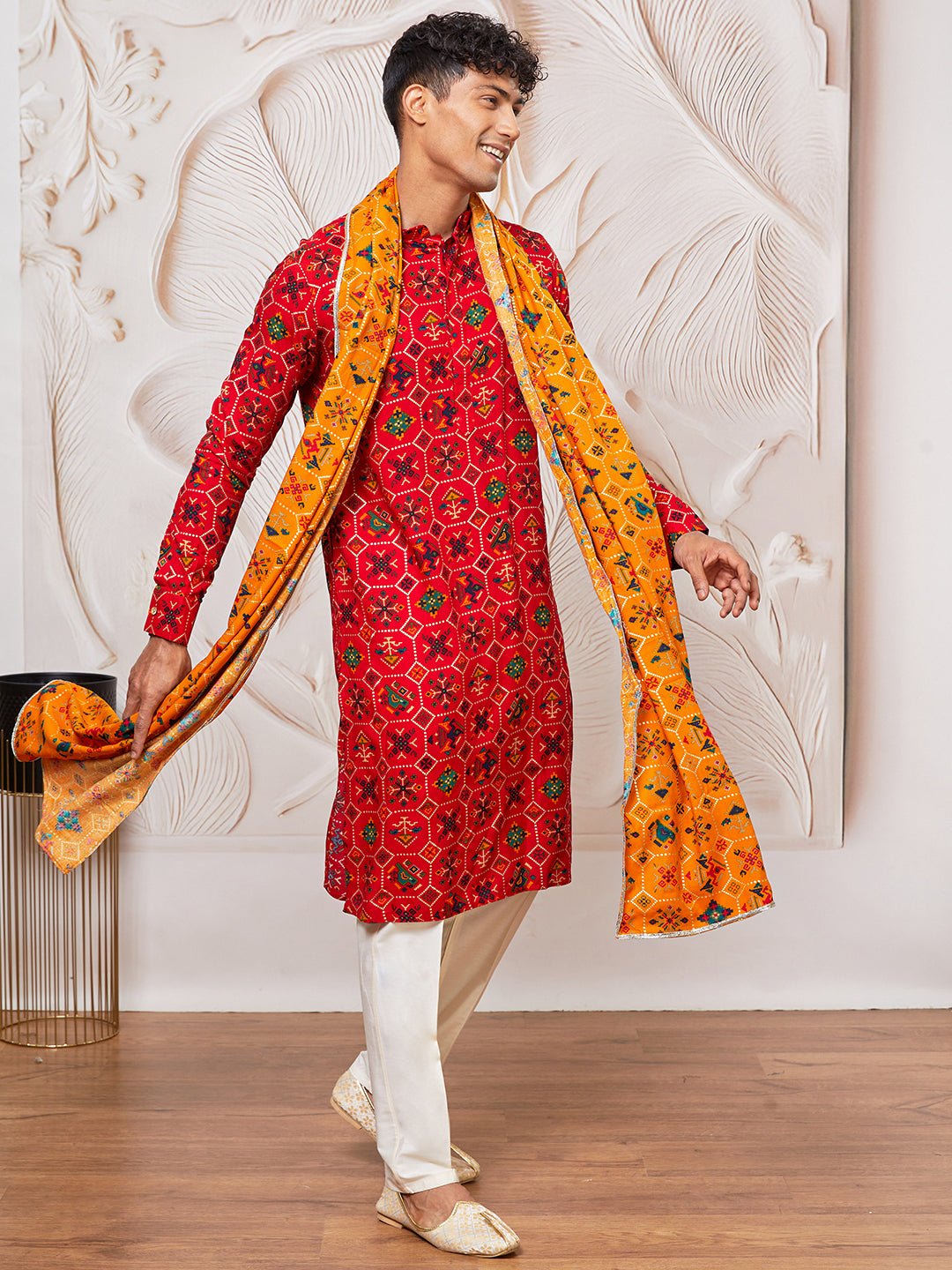 Men's Red Patola Print Silk Blend Kurta Pyjama Set with Yellow Printed Dupatta