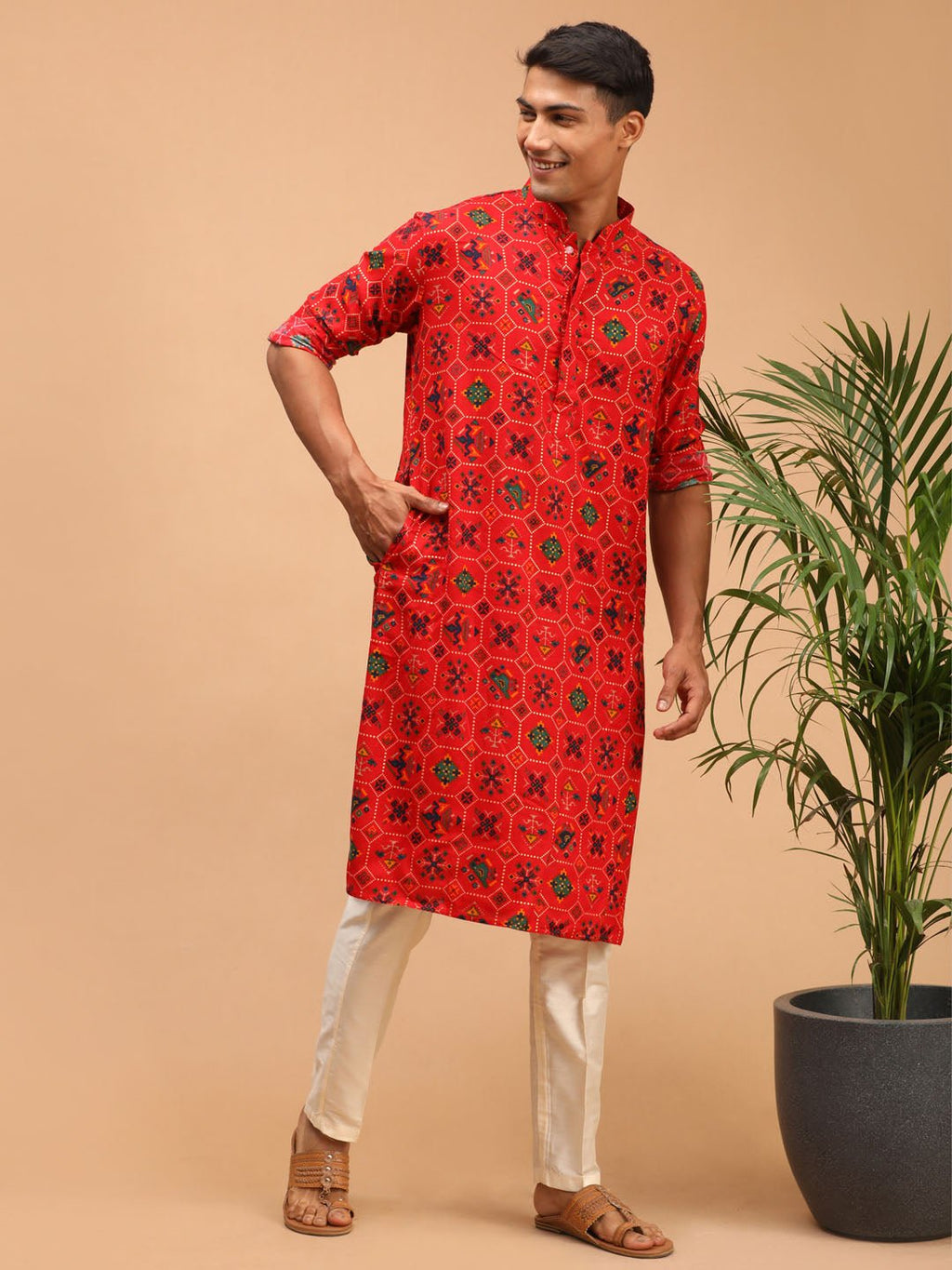 Men's Red Printed Kurta Pyjama Set with Cream Viscose Pyjama