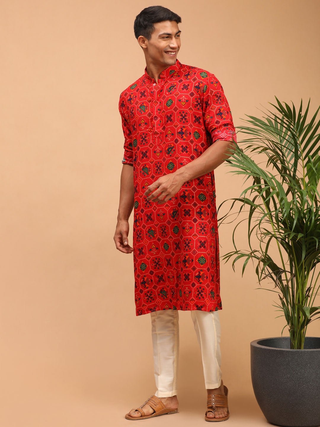 Men's Red Printed Kurta Pyjama Set with Cream Viscose Pyjama