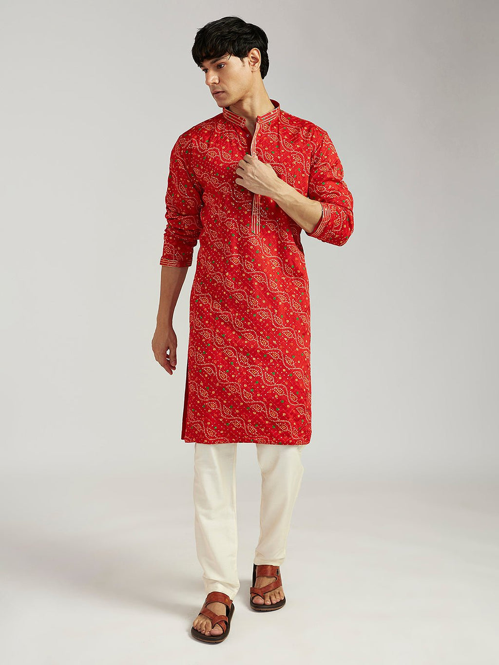 Men's Red Pure Chinon Bandhani Kurta with Cream Satin Pyjama