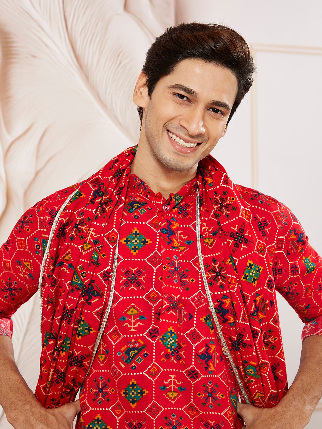 Men's Red Silk Blend Kurta Pyjama Dupatta Set
