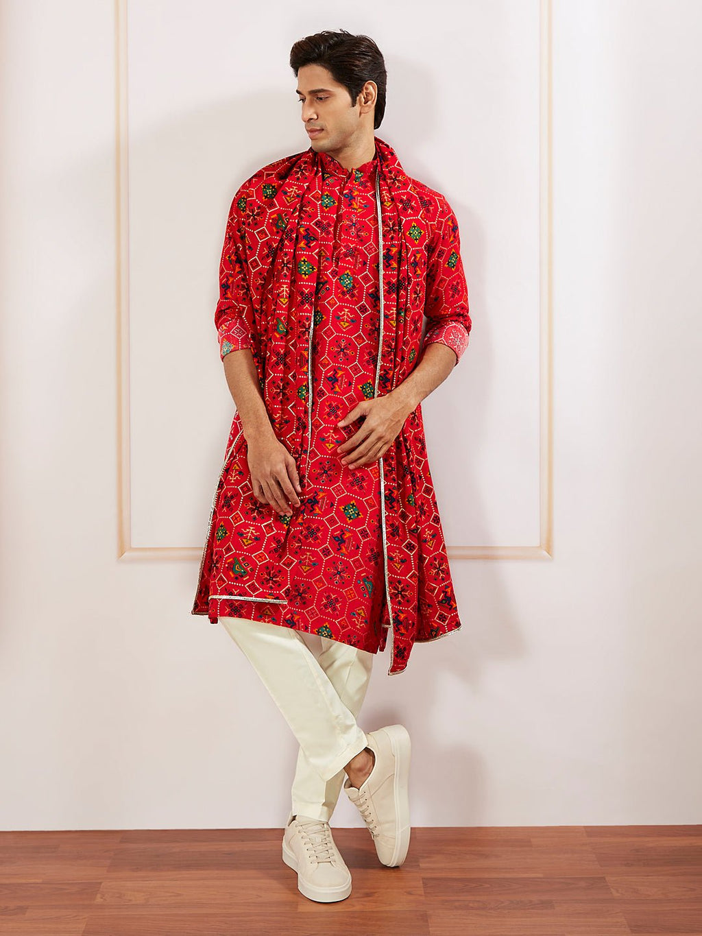 Men's Red Silk Blend Kurta Pyjama Dupatta Set
