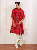 Men's Red Silk Blend Kurta Pyjama Dupatta Set