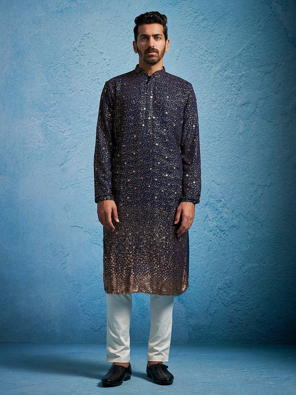 Men's Sequin Embroidered Georgette Kurta with Cream Satin Pyjama