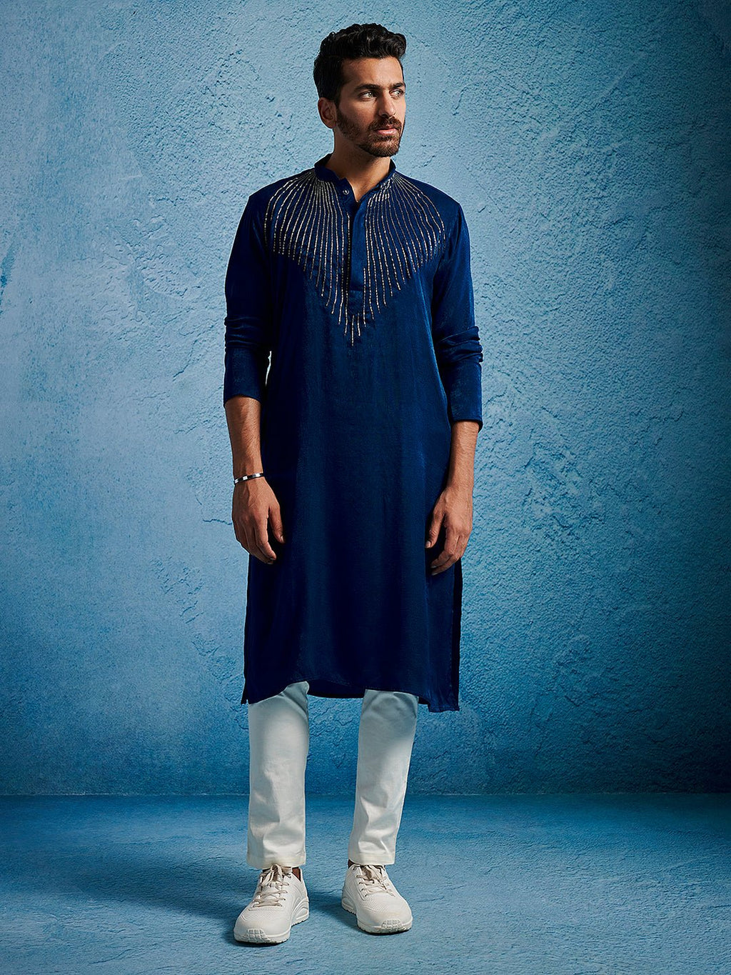 Men's Turquoise Beaded Silk Blend Kurta Pyjama Set
