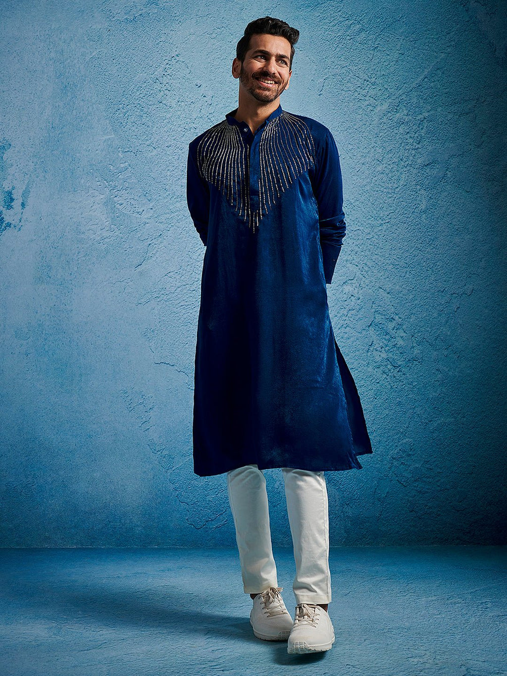Men's Turquoise Beaded Silk Blend Kurta Pyjama Set