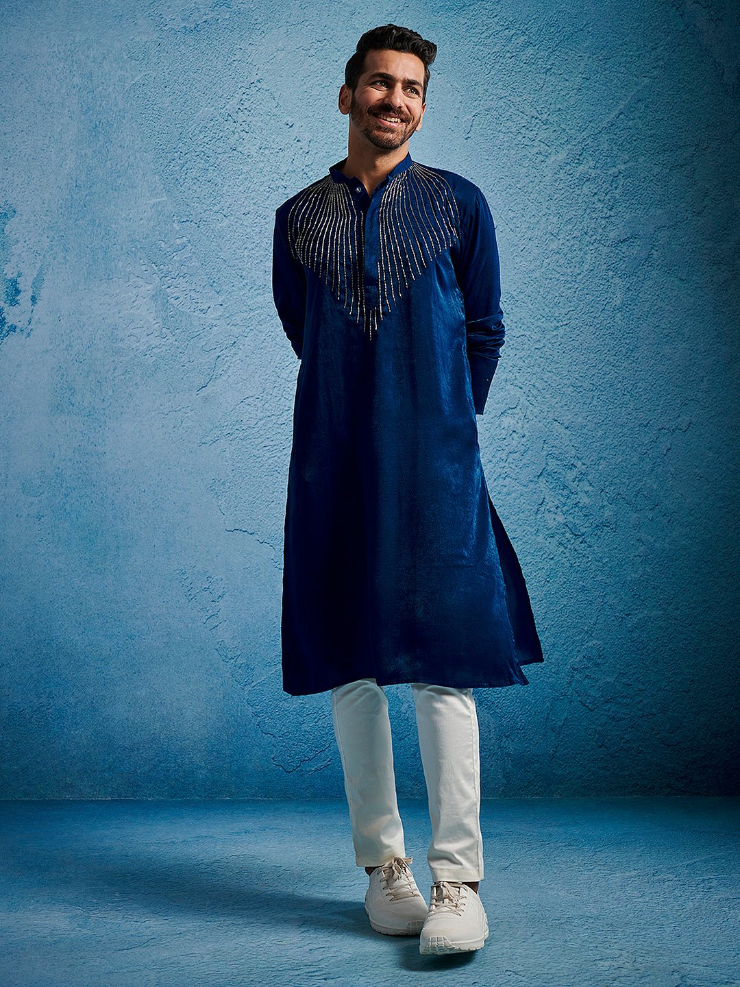 Men's Turquoise Beaded Silk Blend Kurta Pyjama Set