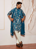 Men's Turquoise Bird Tree Embroidered Silk Kurta with Satin Pyjama and Dupatta Set