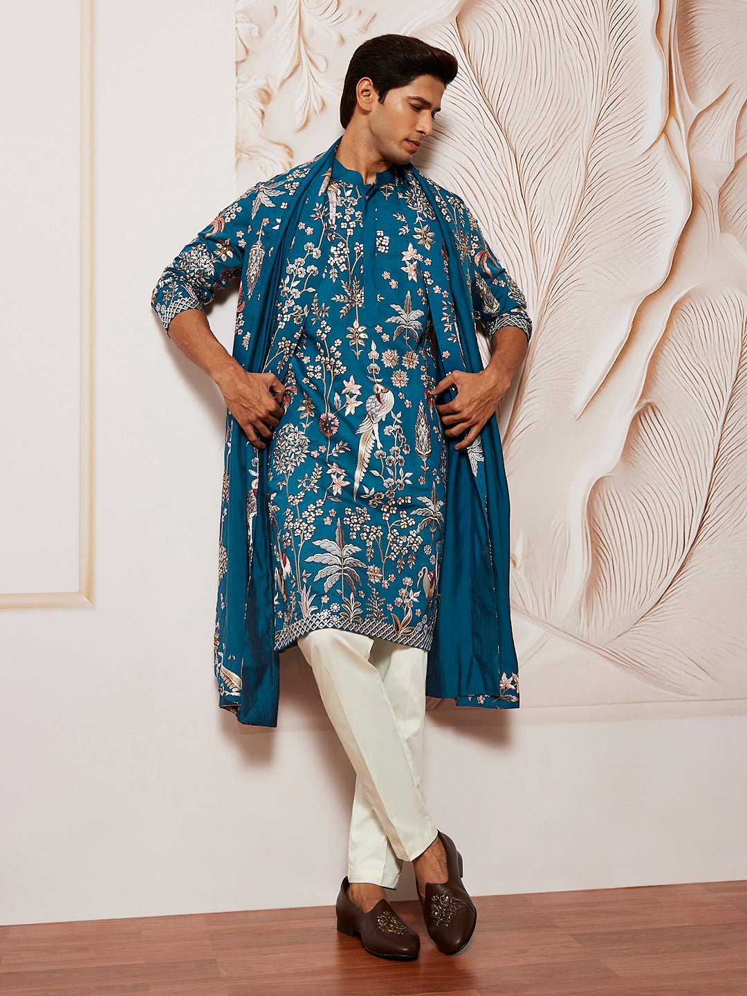 Men's Turquoise Bird Tree Embroidered Silk Kurta with Satin Pyjama and Dupatta Set