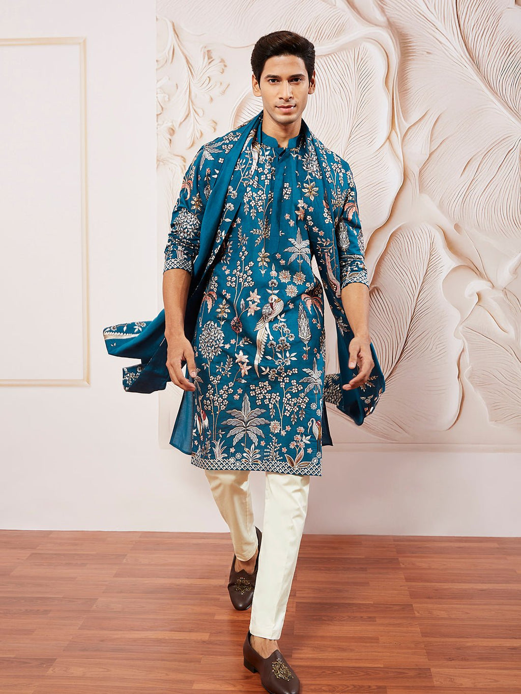 Men's Turquoise Bird Tree Embroidered Silk Kurta with Satin Pyjama and Dupatta Set