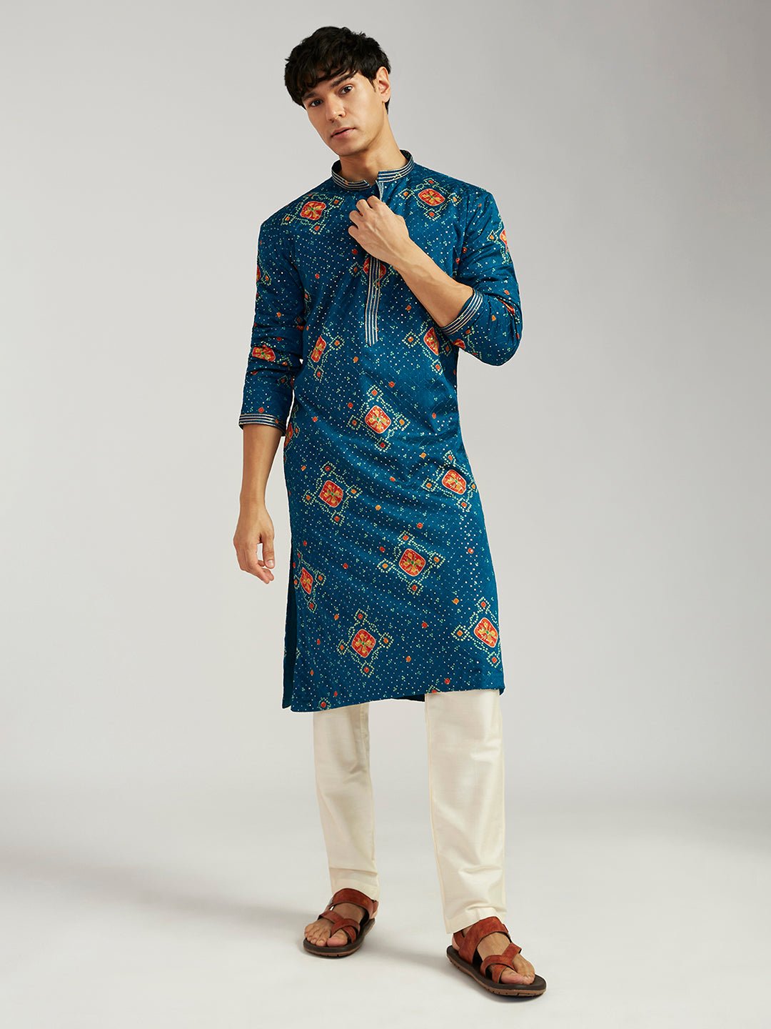 Men's Turquoise Chinon Bandhani Kurta with Cream Satin Pyjama