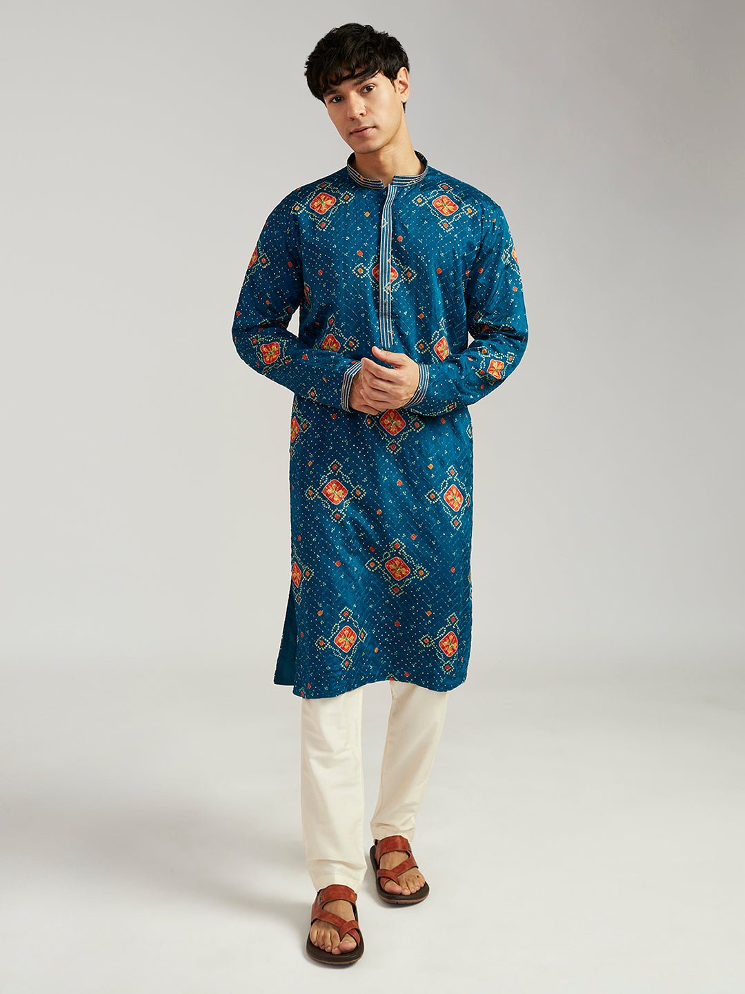 Men's Turquoise Chinon Bandhani Kurta with Cream Satin Pyjama