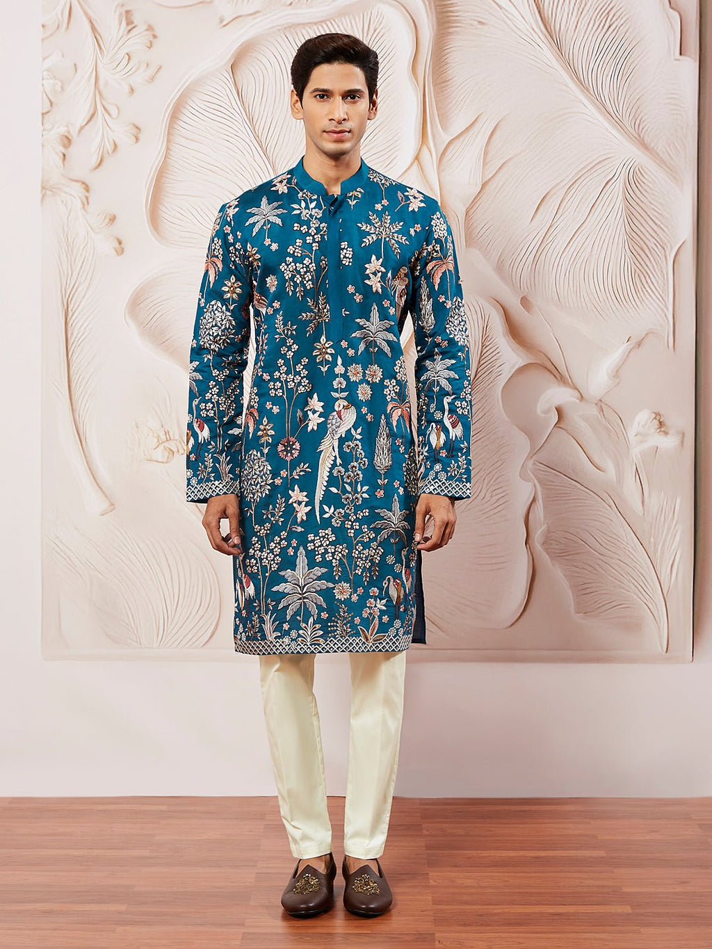 Men's Turquoise Embroidered Silk Kurta Pyjama Set