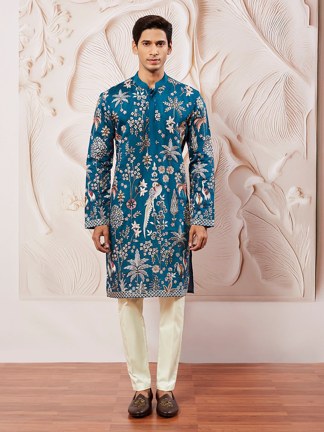 Men's Turquoise Embroidered Silk Kurta Pyjama Set