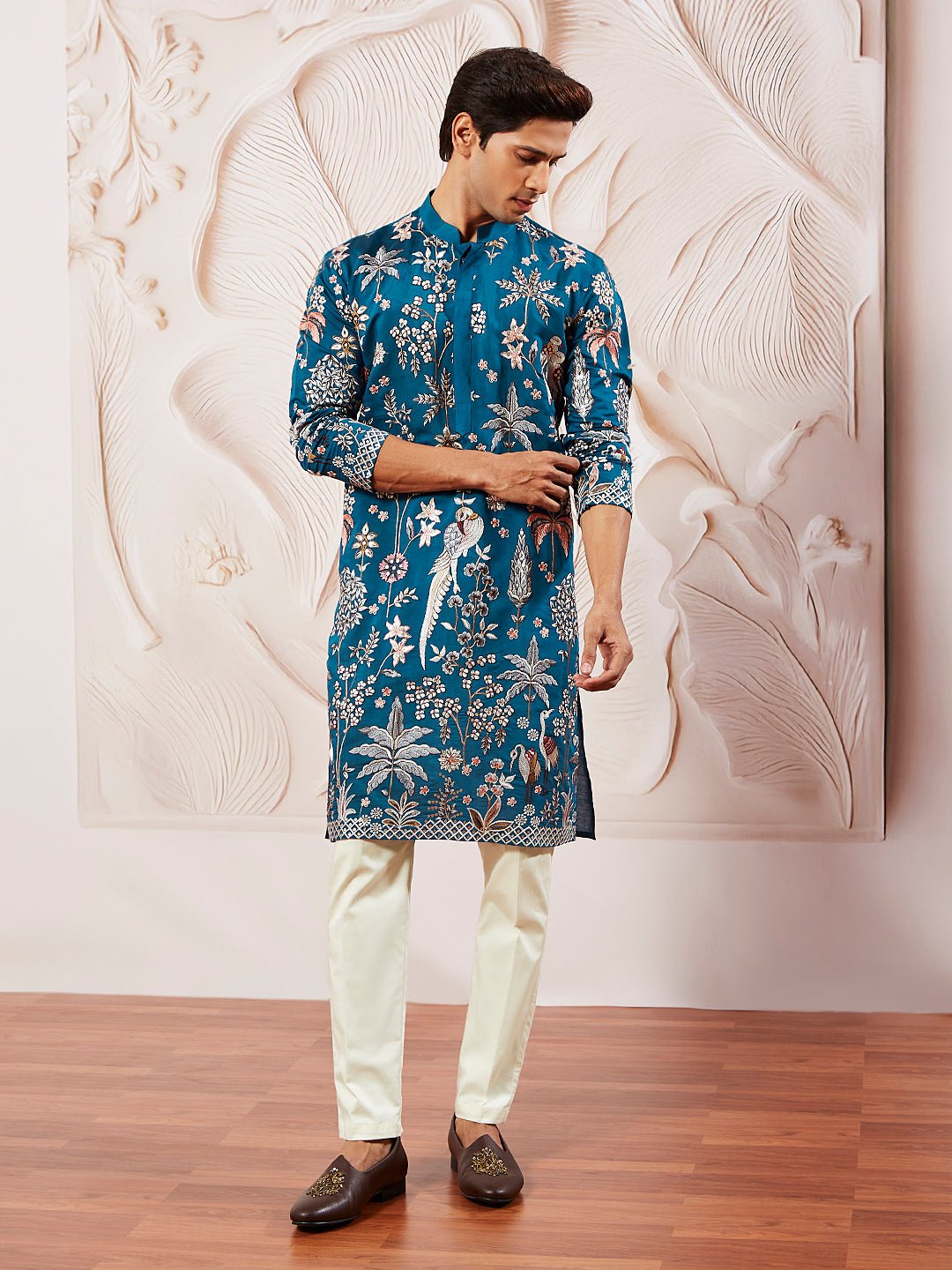 Men's Turquoise Embroidered Silk Kurta Pyjama Set