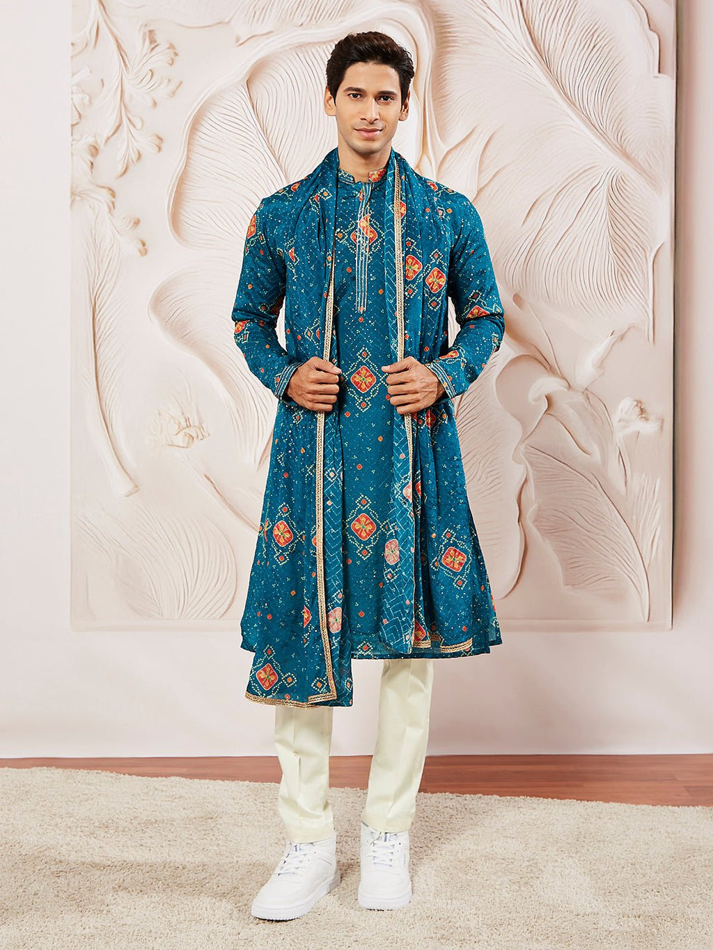 Men's Turquoise Green Chinon Kurta Pyjama Dupatta Set