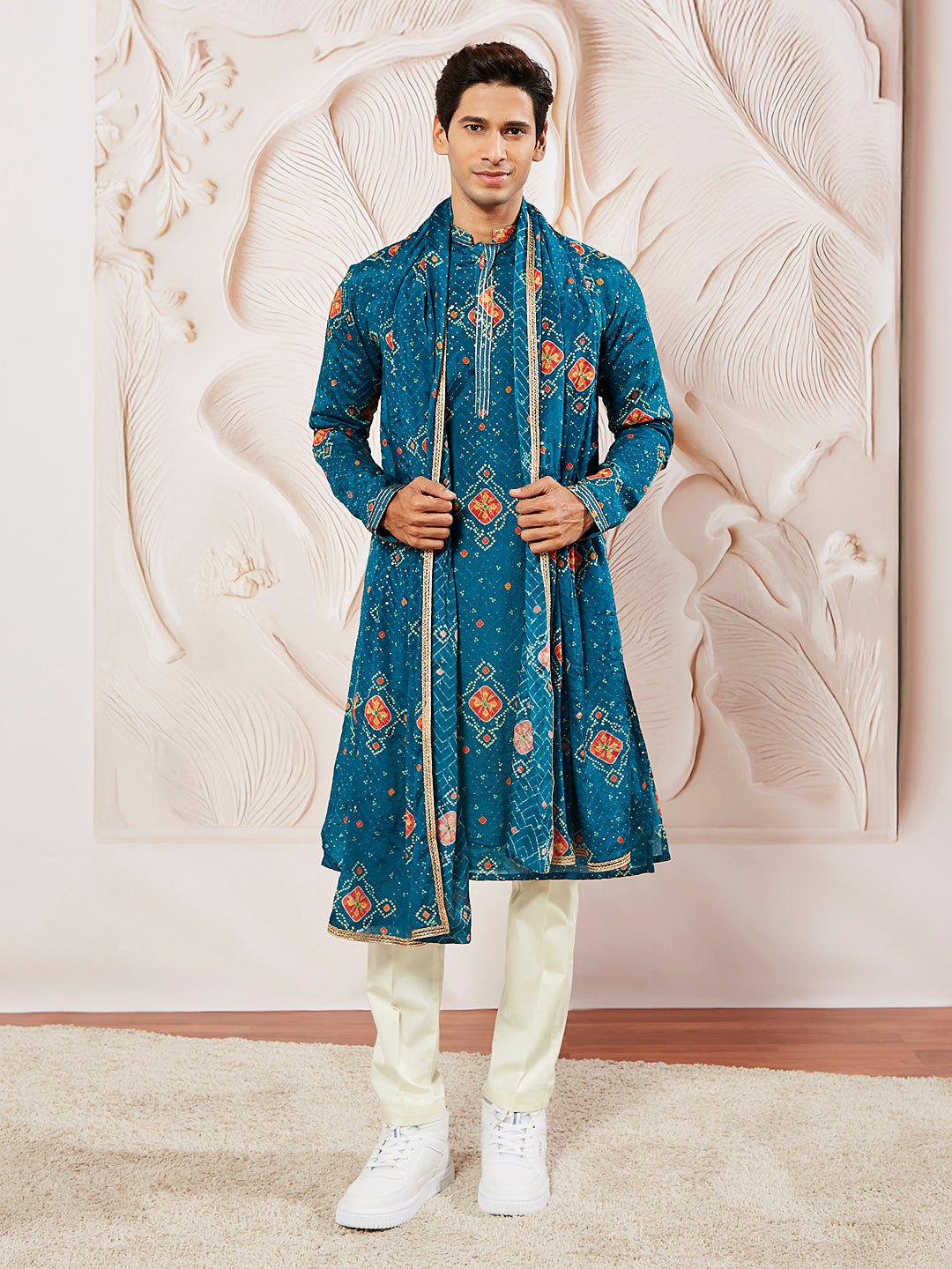 Men's Turquoise Green Chinon Kurta Pyjama Dupatta Set