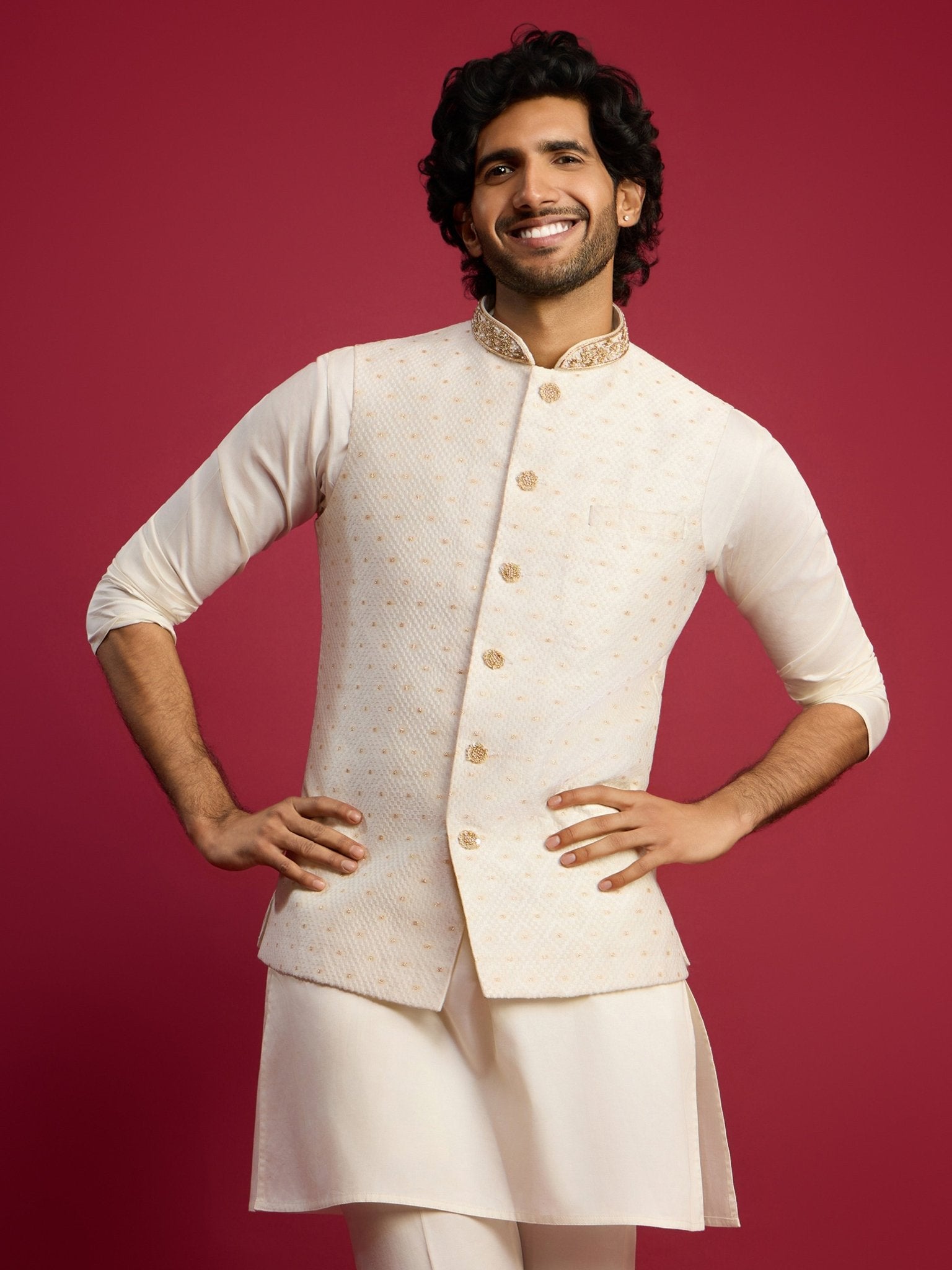 Men's White Silk Blend Nehru Jacket