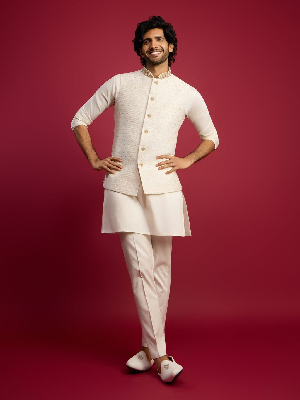 Men's White Zardozi Embroidered Nehru Jacket with Cream Kurta Pyjama Set