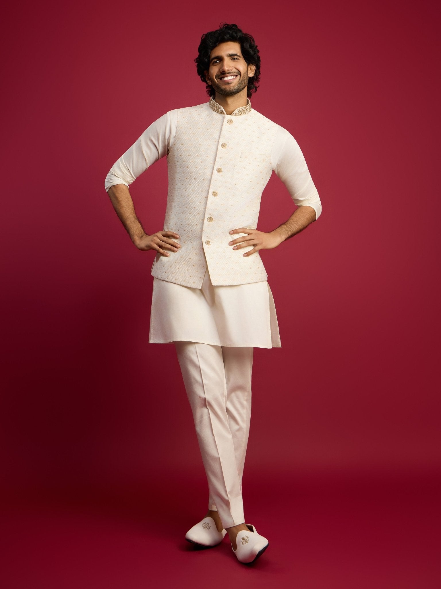 Men's White Zardozi Embroidered Nehru Jacket with Cream Kurta Pyjama Set
