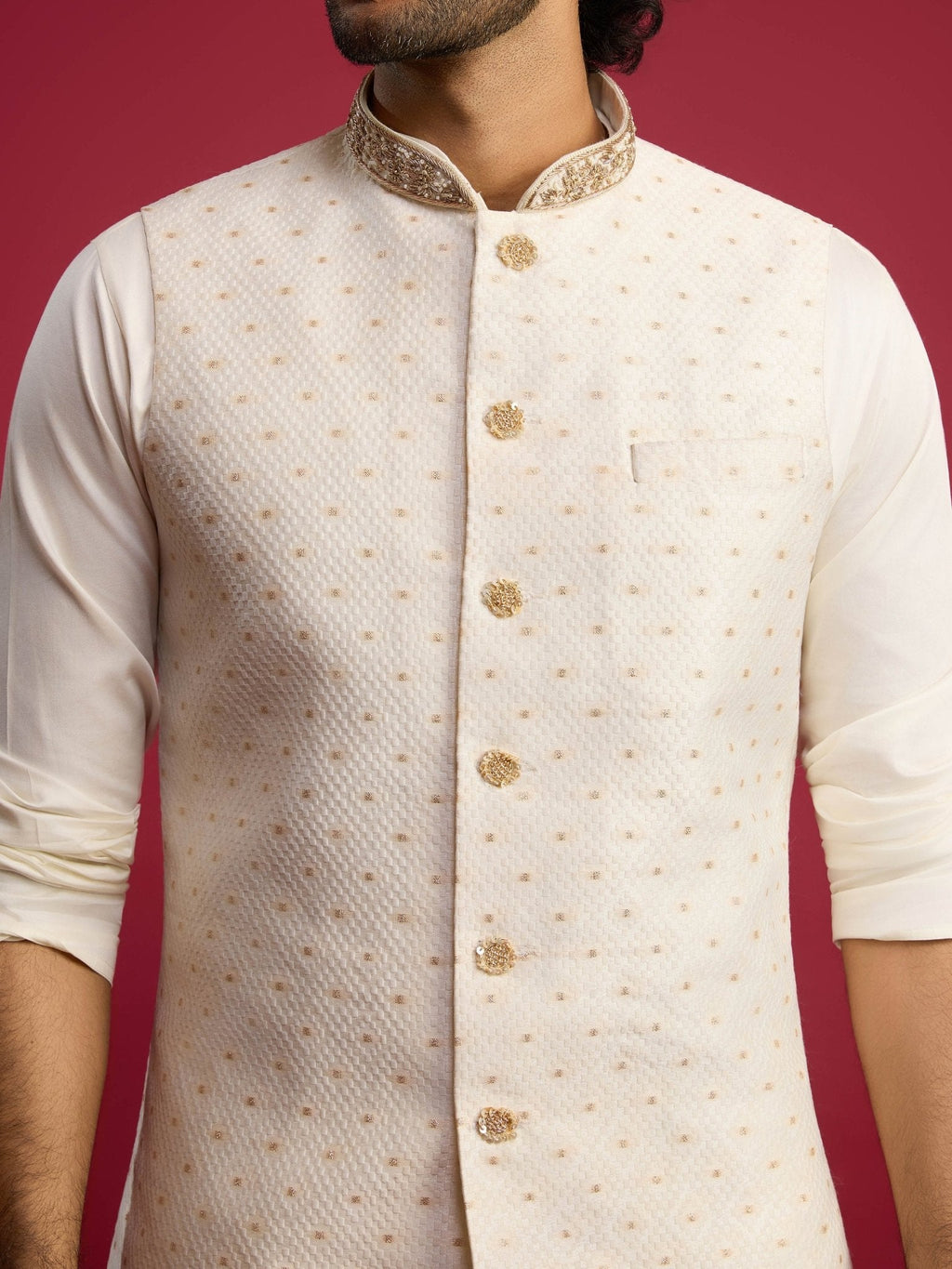 Men's White Zardozi Embroidered Nehru Jacket with Cream Kurta Pyjama Set
