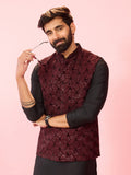 Men's Wine Velvet Thread & Sequin Geometric Embroidered Nehru Jacket