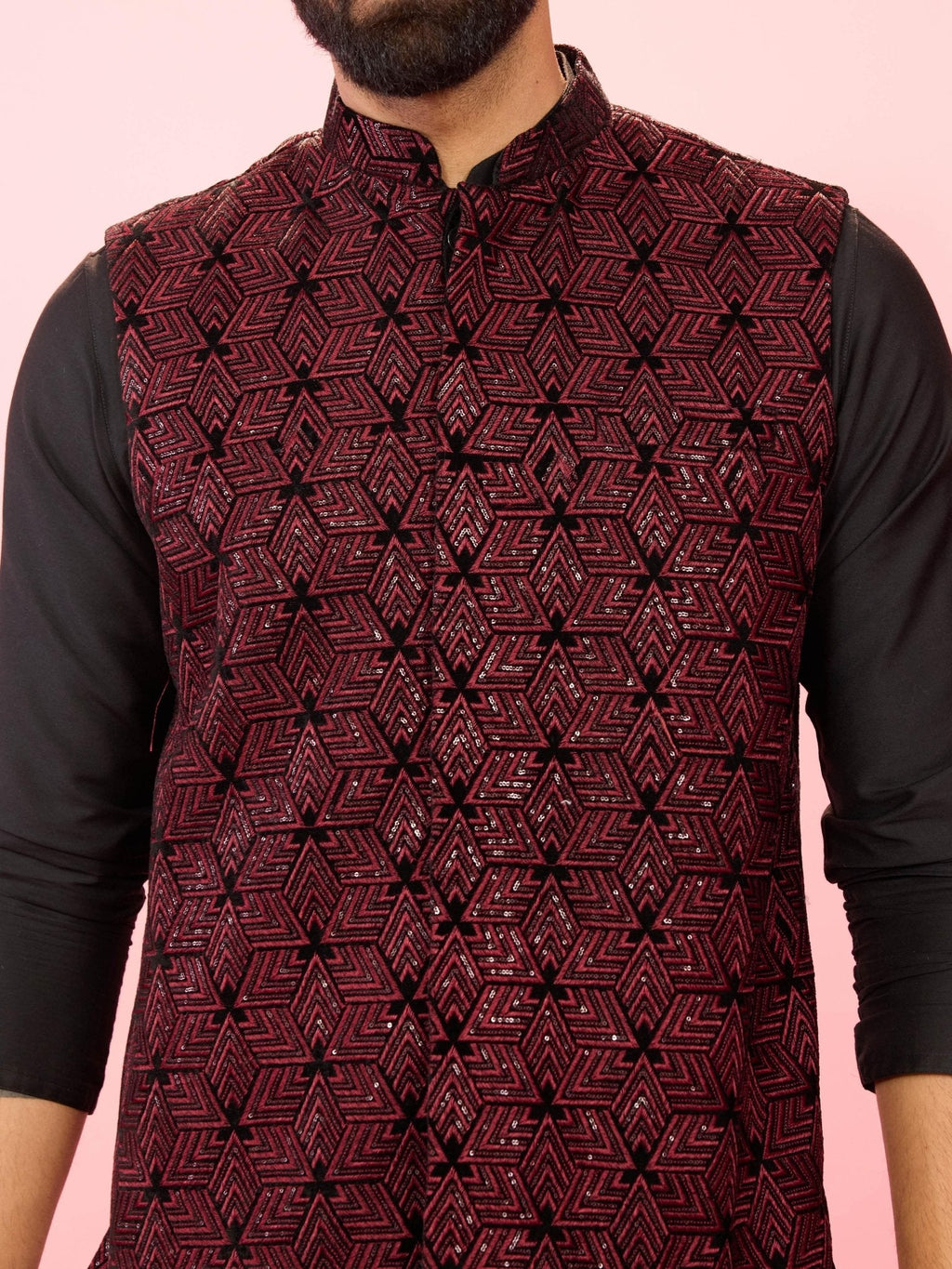 Men's Wine Velvet Thread & Sequin Geometric Embroidered Nehru Jacket