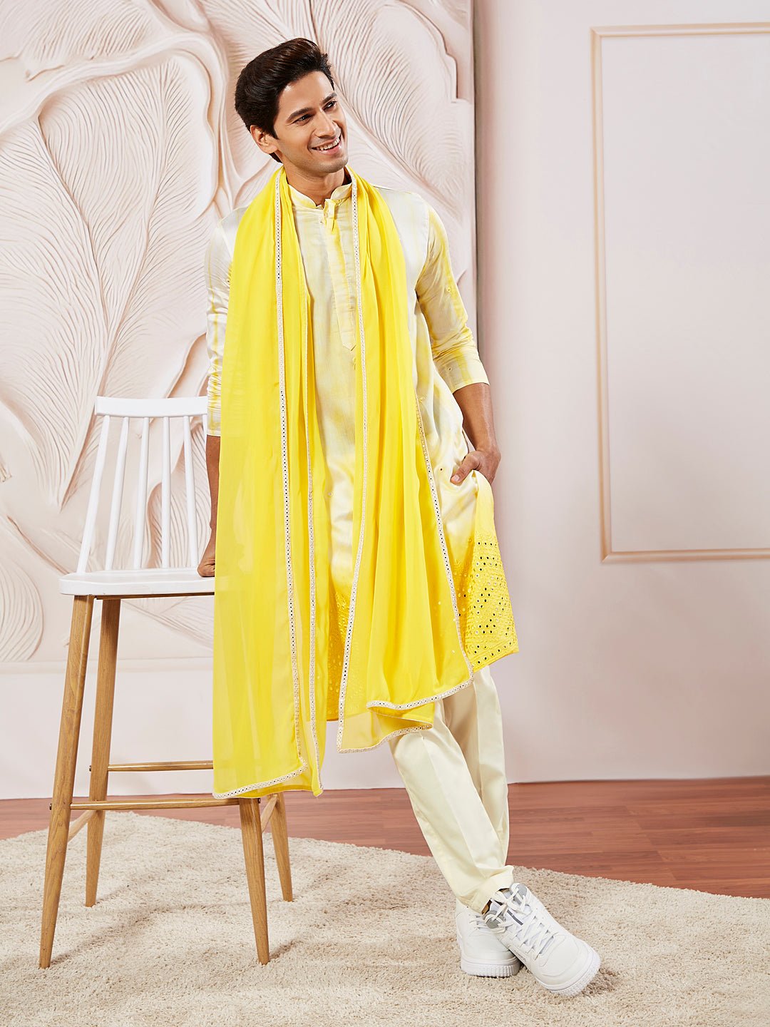 Men's Yellow Chanderi Kurta Pyjama Set