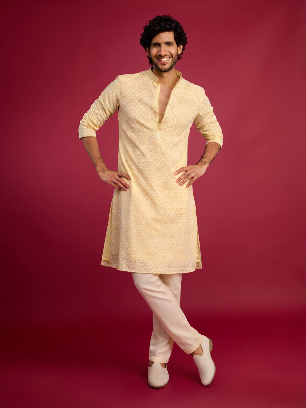 Men's Yellow Faux Georgette Kurta with Cream Pyjama Set