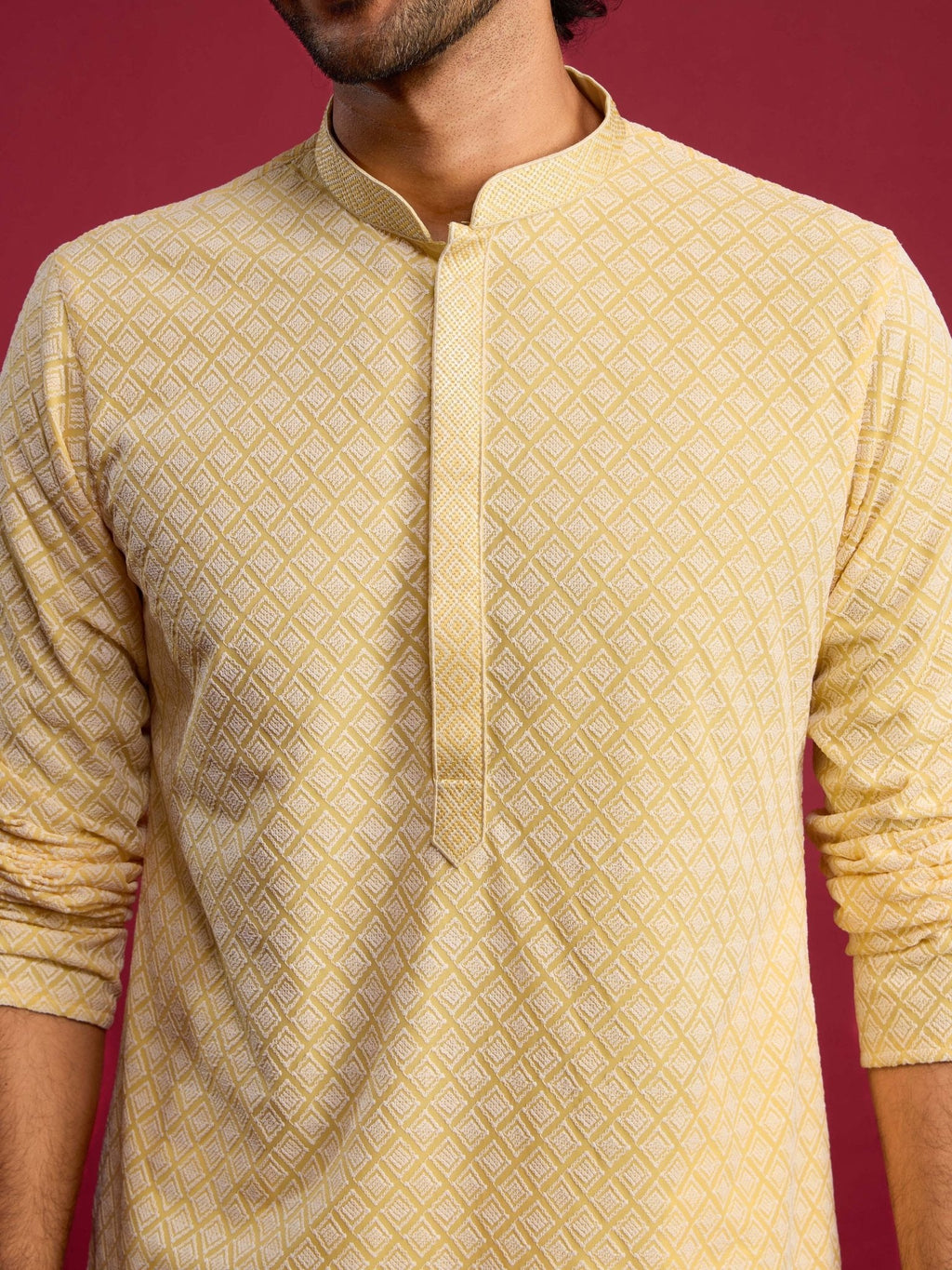 Men's Yellow Faux Georgette Thread Embroidered Long Kurta