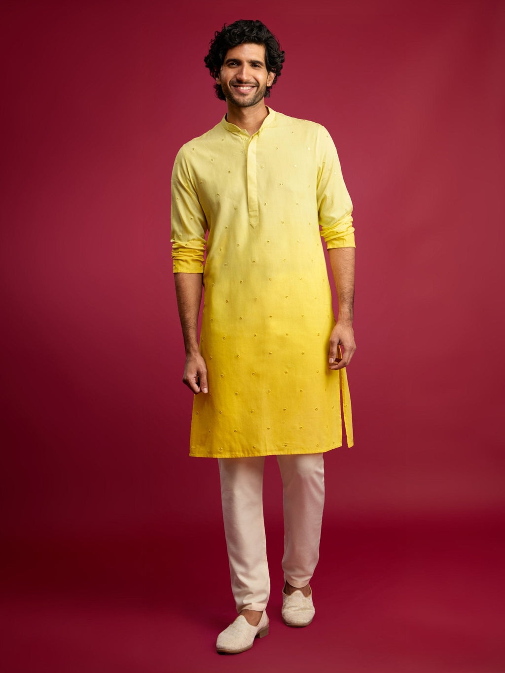 Men's Yellow Ombre Cotton Blend Kurta