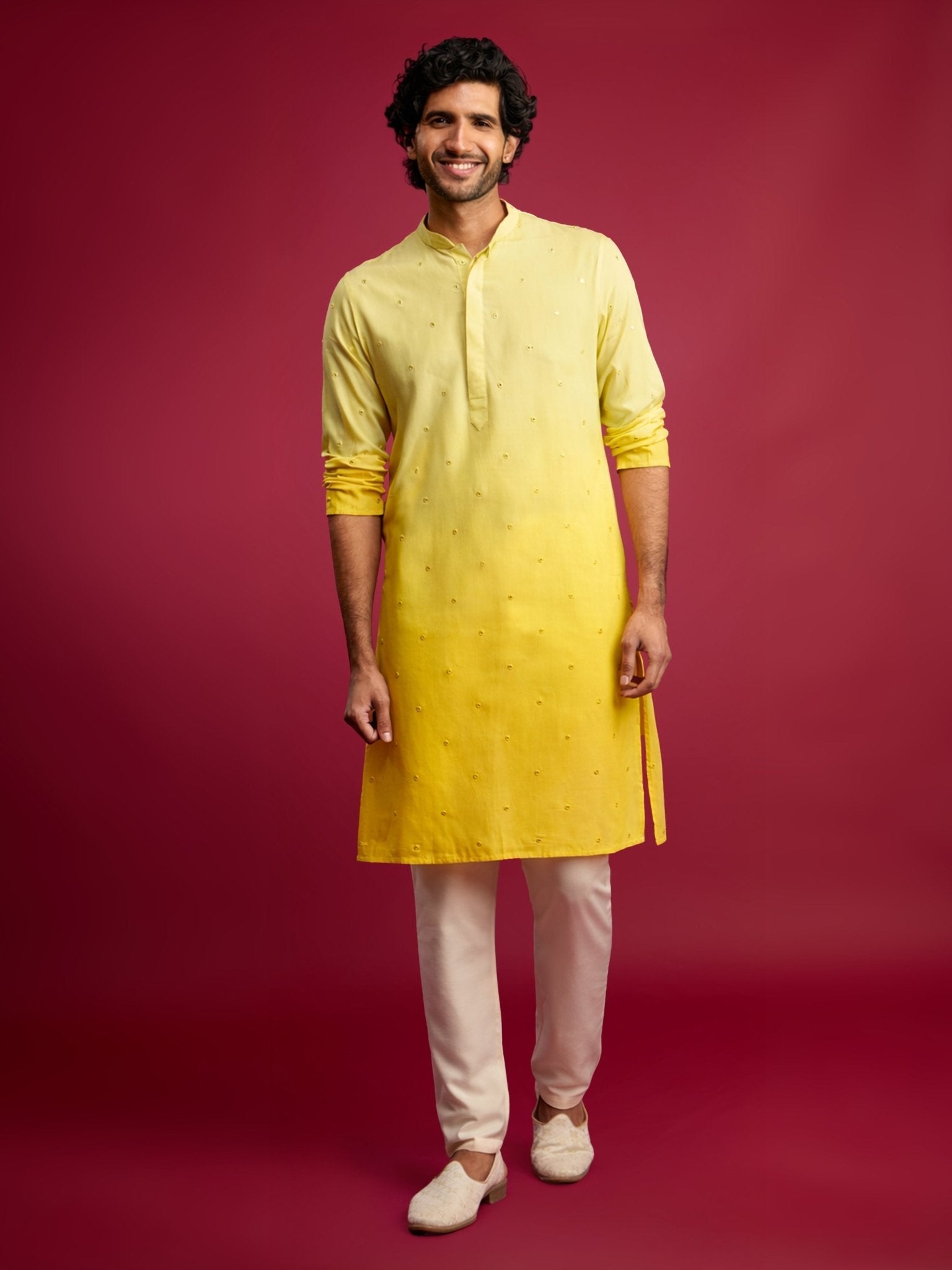 Men's Yellow Ombre Cotton Blend Kurta