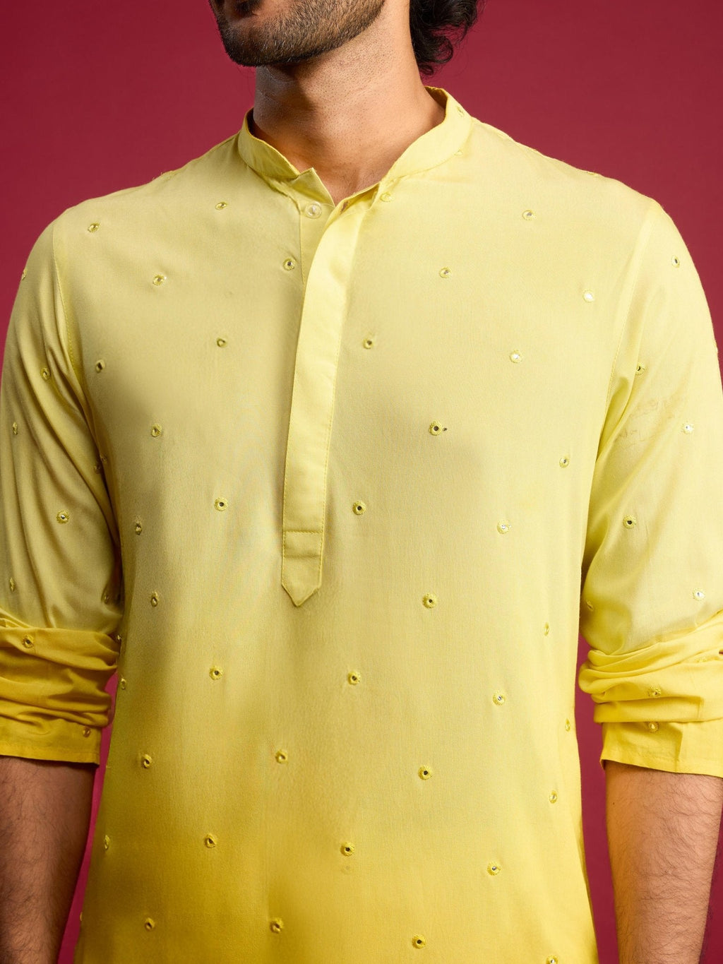 Men's Yellow Ombre Cotton Blend Long Kurta with Cream Viscose Pyjama