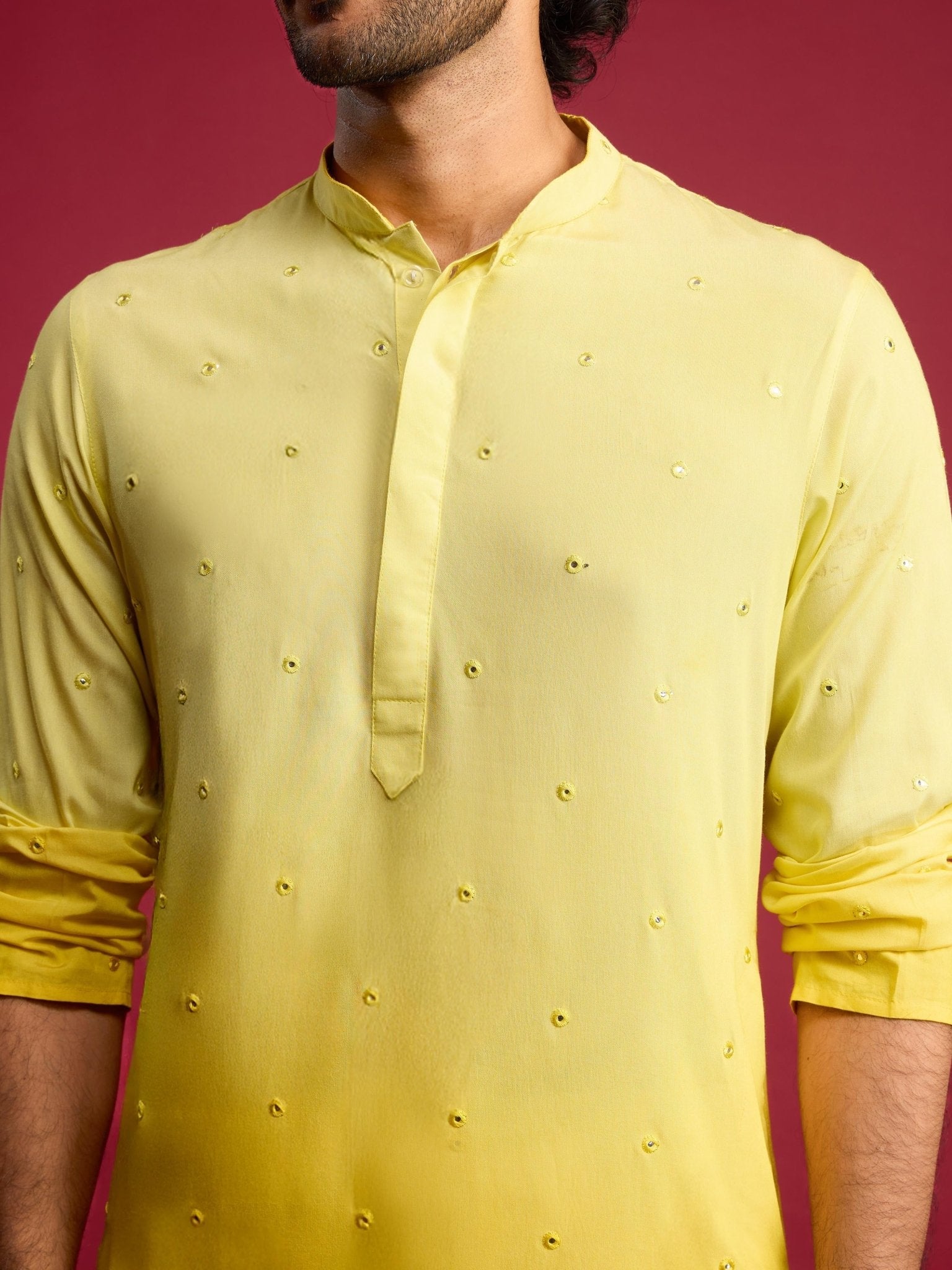Men's Yellow Ombre Cotton Blend Long Kurta with Cream Viscose Pyjama