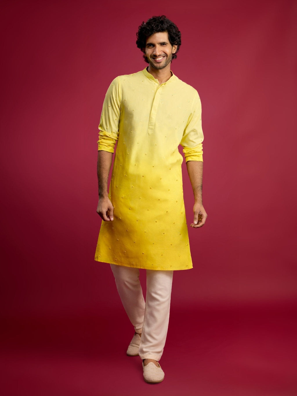 Men's Yellow Ombre Cotton Blend Long Kurta with Cream Viscose Pyjama