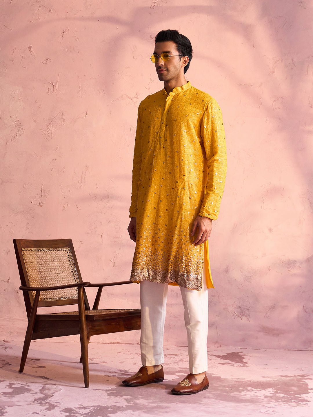 Men's Yellow Ombre Sequin Georgette Kurta with Cream Satin Pyjama