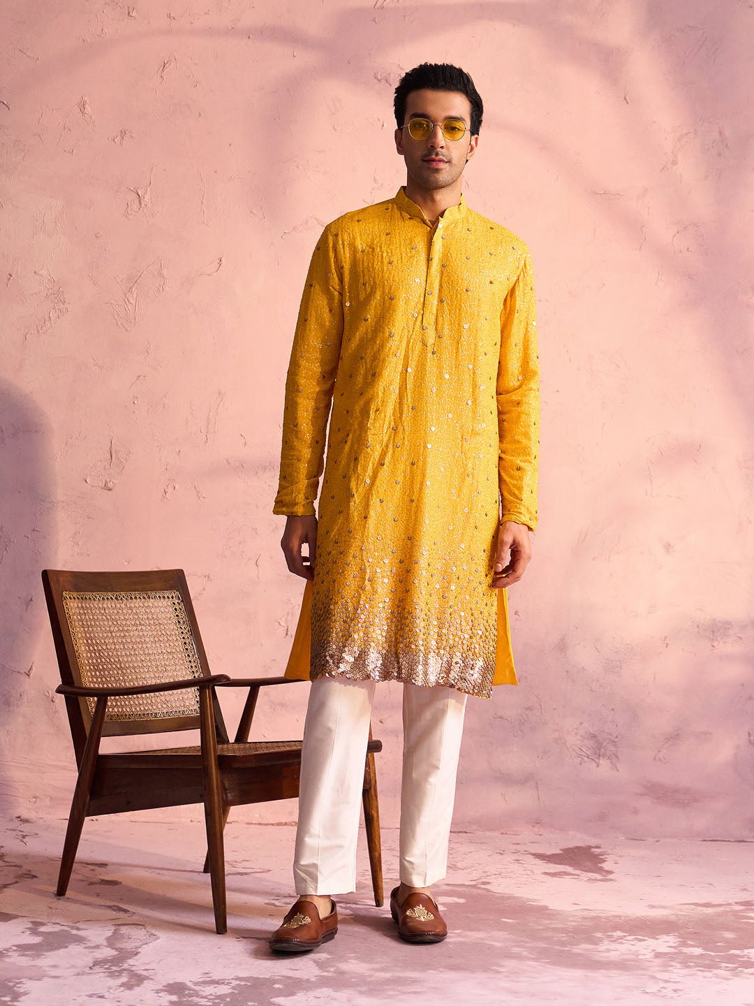 Men's Yellow Ombre Sequin Georgette Kurta with Cream Satin Pyjama