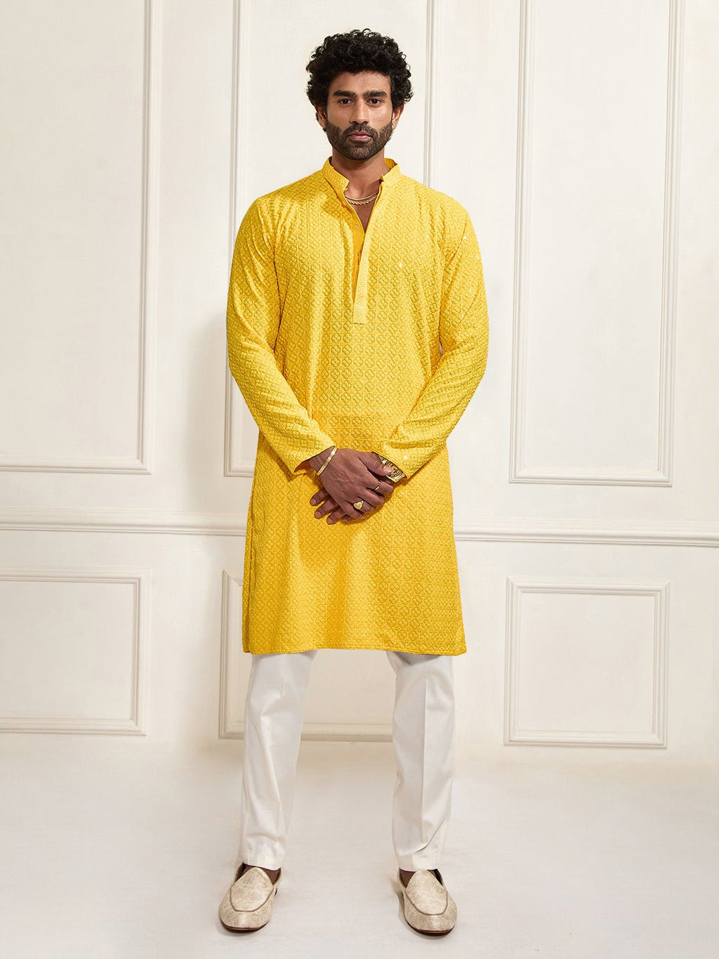 Men's Yellow Shifli Sequin Embroidered Kurta with Cream Pyjama Set