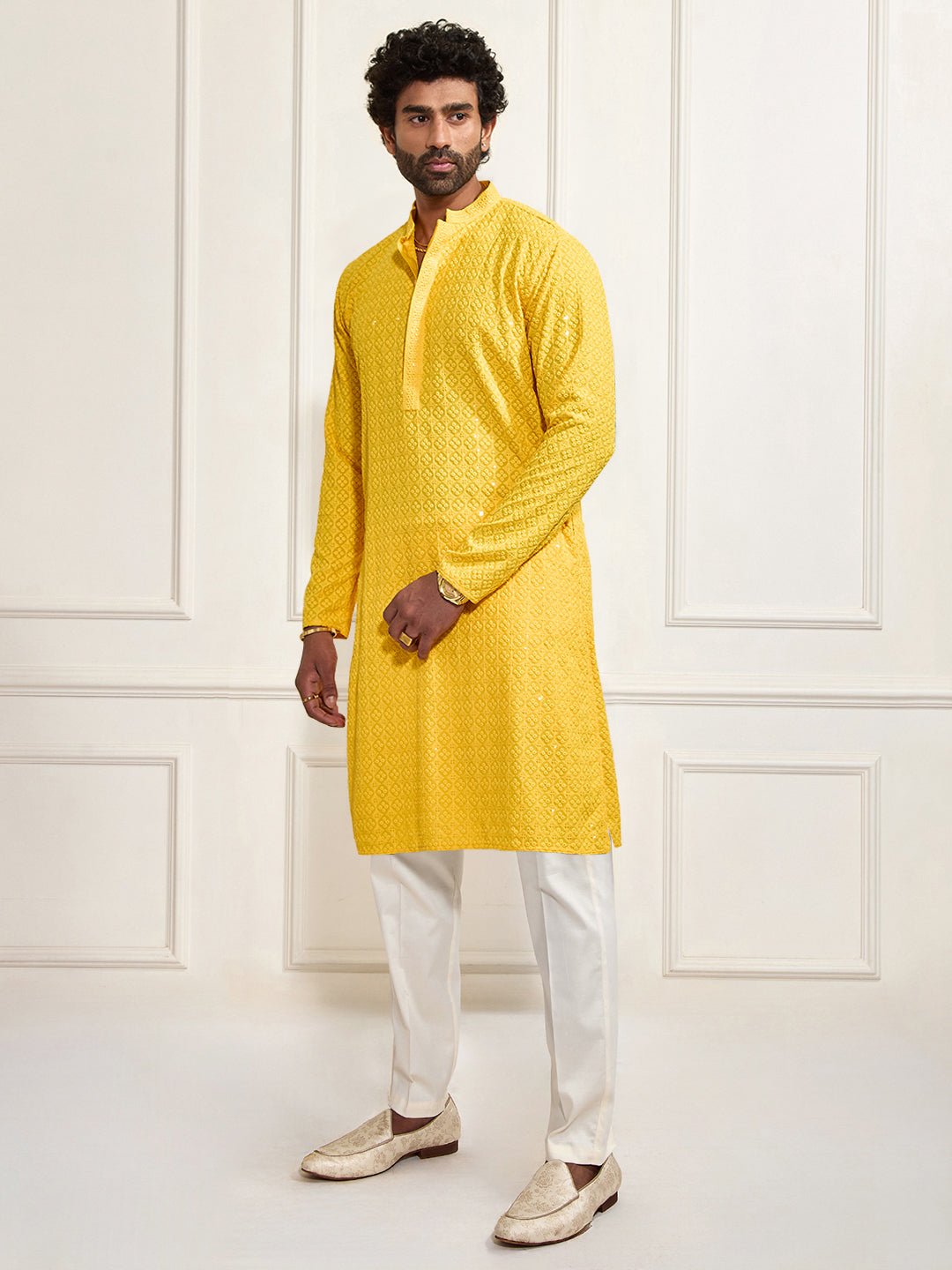 Men's Yellow Shifli Sequin Embroidered Kurta with Cream Pyjama Set
