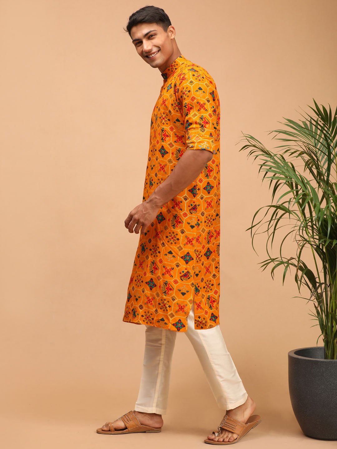 Men's Yellow Silk Blend Kurta Pyjama Set