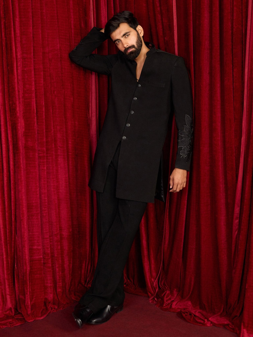 Men's's Black Embroidered Indo-Western Jodhpuri Top with Black Straight Pant Set