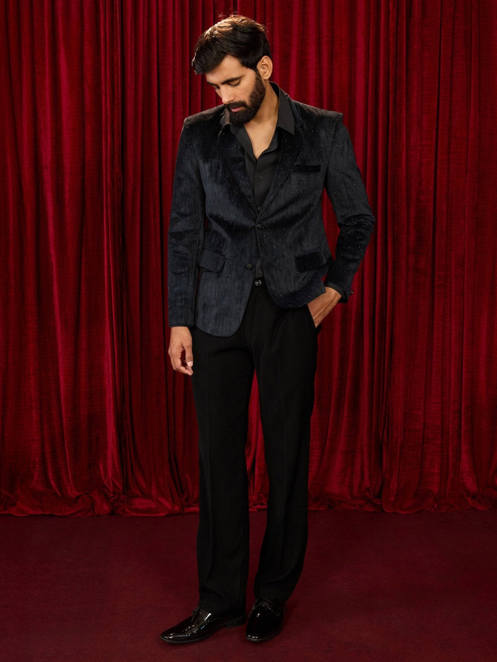 Men's's Black Milan Velvet Stone Work Blazer with Black Straight Pant Set