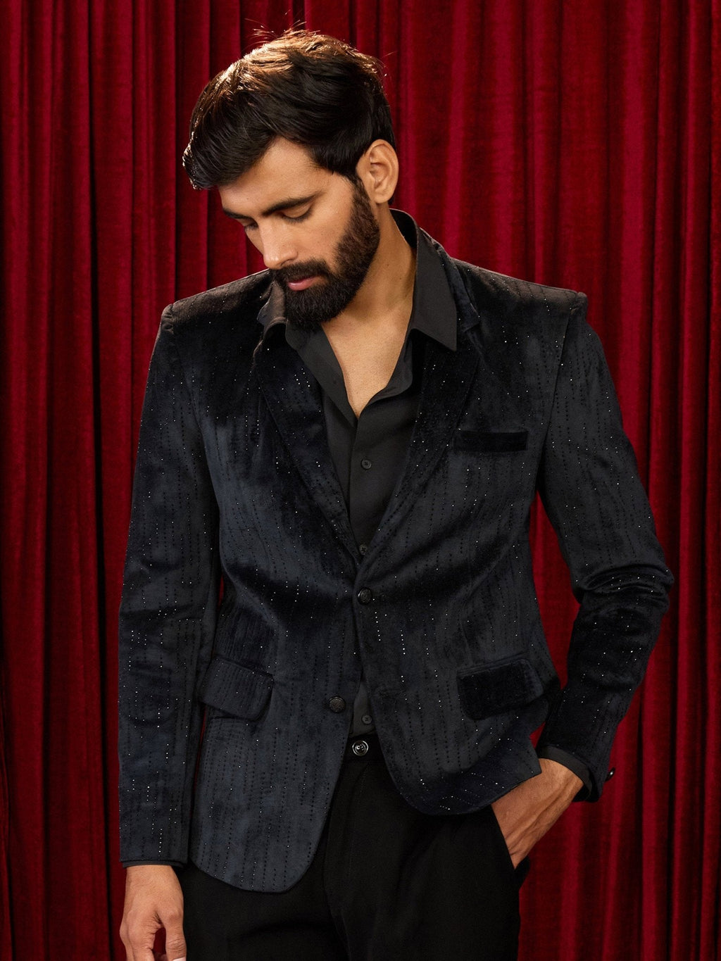 Men's's Black Milan Velvet Stone Work Blazer